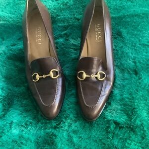 Gucci Women's Dark Brown Leather Loafers with Gold Accents